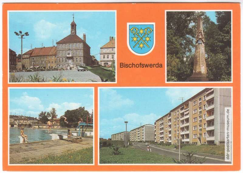 Rathaus, Postmeilensäule, Freibad, Neubaugebiet - 1987