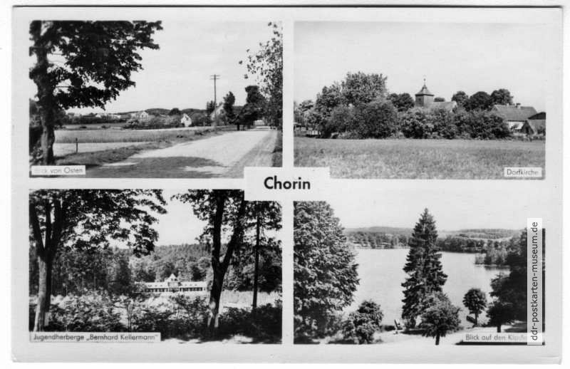 Blick nach Chorin von Osten, Dorfkirche, Jugendherberge, Klostersee - 1960