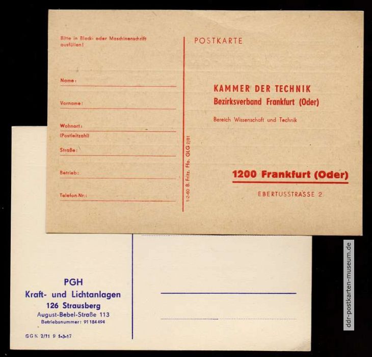 Vorderseiten von Drucksachen für Antwort an die Kammer der Technik und von PGH in Strausberg - 1961 / 1971