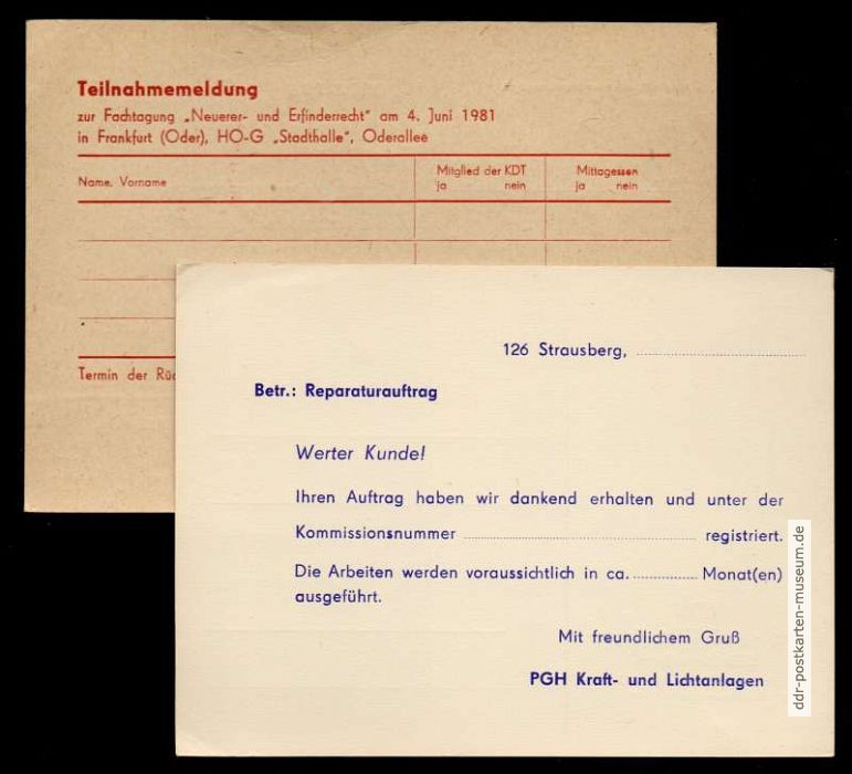 Vorderseiten von Drucksachen für Antwort an die Kammer der Technik und von PGH in Strausberg - 1961 / 1971-Frankfurt