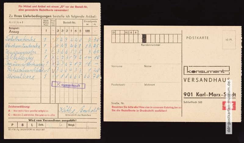 Bestellkarte vom Konsument-Versandhaus in Karl-Marx-Stadt - 1969