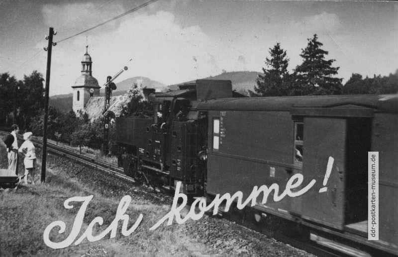 Grußkarte mit "Bimmelbahn" in Jonsdorf (Zittauer Gebirge) - 1957