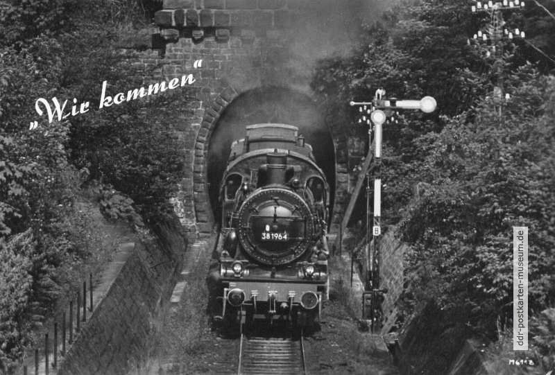 Grußpostkarte mit Dampflok am Oberhofer Brandleite-Tunnel - 1958