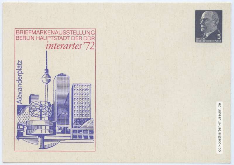Ganzsache vom Kulturbund für Briefmarkenausstellung "interartes 72" von 1972 - 5 Pfennig Dauerie Ulbricht