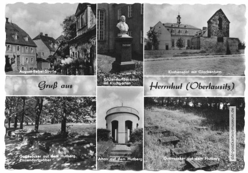August-Bebel-Straße, Zinzendorf-Denkmal, Kirchensaal mit Glockenturm, Gottesacker, Altan auf dem Hutberg - 1964