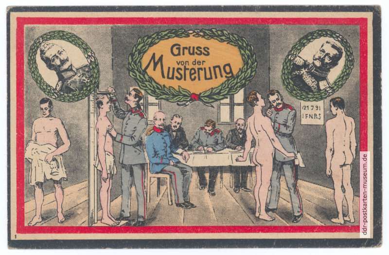 Militärische Ansichtskarte "Gruss von der Musterung" um 1900