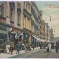 Nachcolorierte Postkarte von 1910 mit Straßenszene in Breslau (Schmiedebrücke)