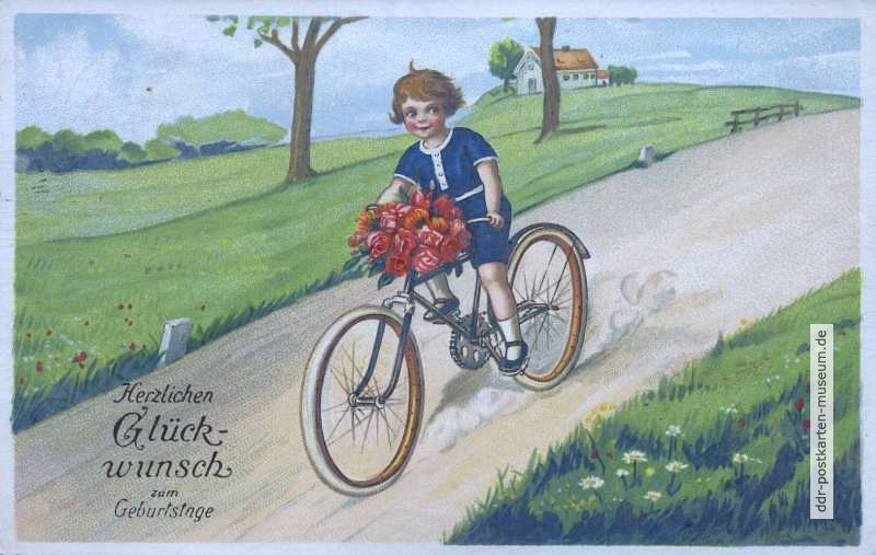 Gezeichnete Geburtstagskarte für Kinder - um 1925