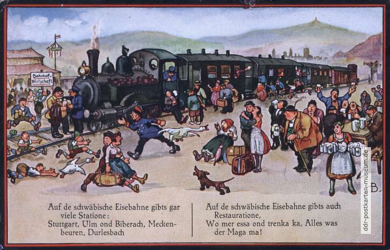 Humorpostkarte mit Liedtext "Auf de Schwäbische Eisebahne" - 1935