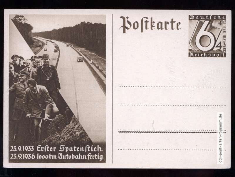 Sonderpostkarte (Ganzsache) Erster Spatenstich / 1000 km Autobahn fertig - 1936