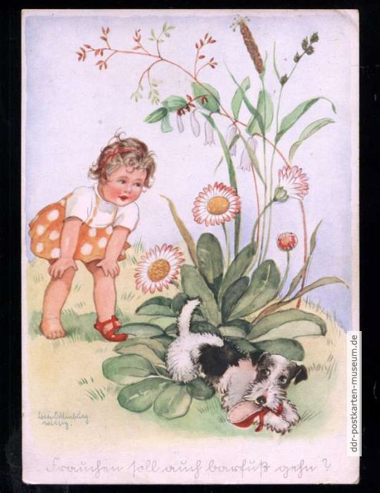 Grußpostkarte für Kinder "Frauchen soll auch barfuß gehen ?" - 1939