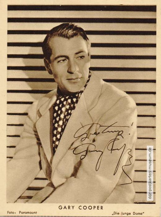 Autogramm-Postkarte mit gedruckter Unterschrift des amerikanischen Schauspieler Gary Cooper - 1950