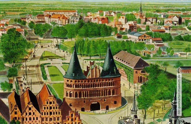 Colorierte Ansichtskarte (BRD) mit Holstentor in Lübeck - 1951