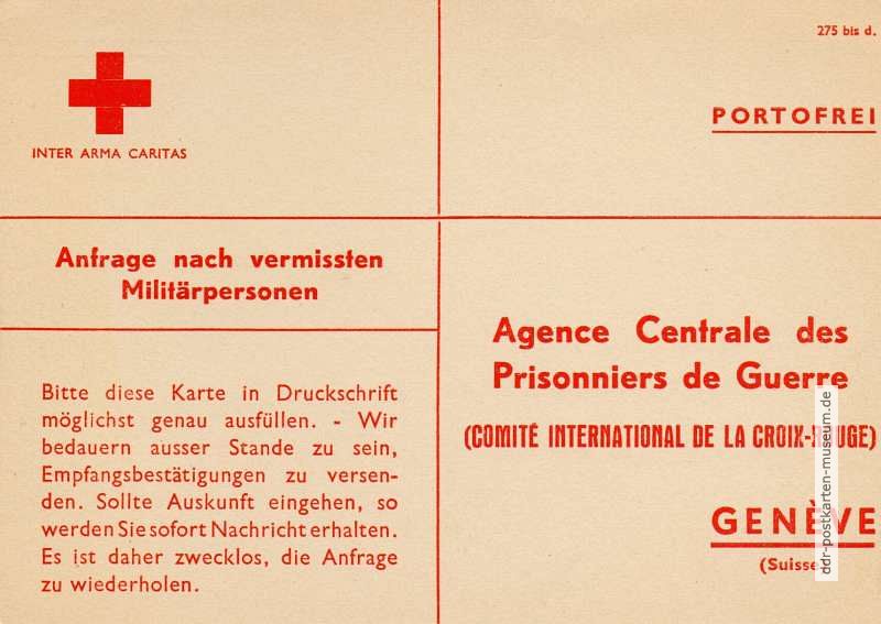 Drucksache an IRK-Vermißtenstelle für Kriegsgefangene in der Schweiz - um 1955