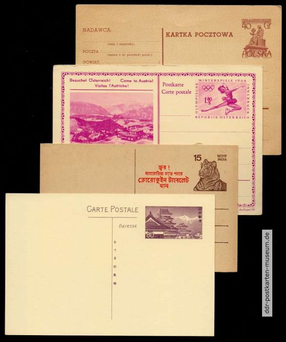 Ganzsachen-Postkarten aus Polen, Österreich, Indien und Japan (von oben nach unten) -1964