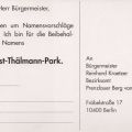 Rückseite der Protestpostkarte zur Beibehaltung des Namens "Thälmann-Park" in Berlin - 1992