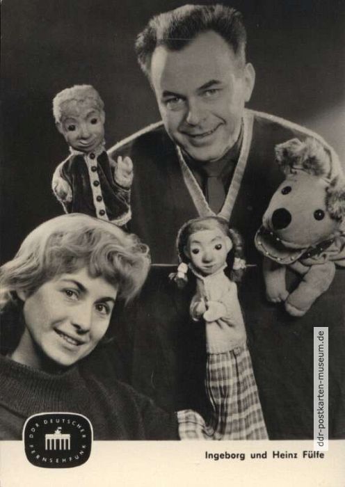 Karte G 6116 von 1963, Ingeborg & Heinz Fülfe mit Puppen "Flax", "Krümel" und "Struppi" 