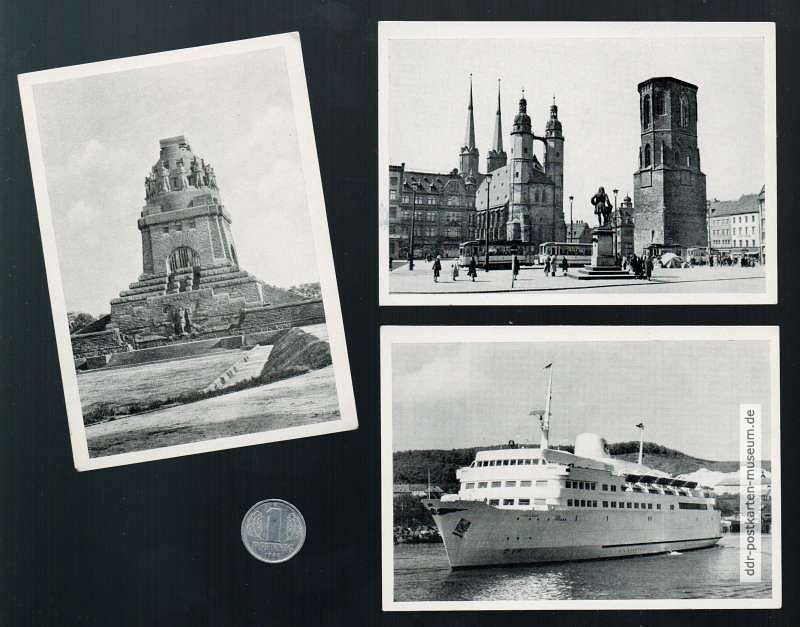 Miniaturpostkarten Halle, Lipzig, Saßnitz für Kaufmannsladenspiel - um 1970