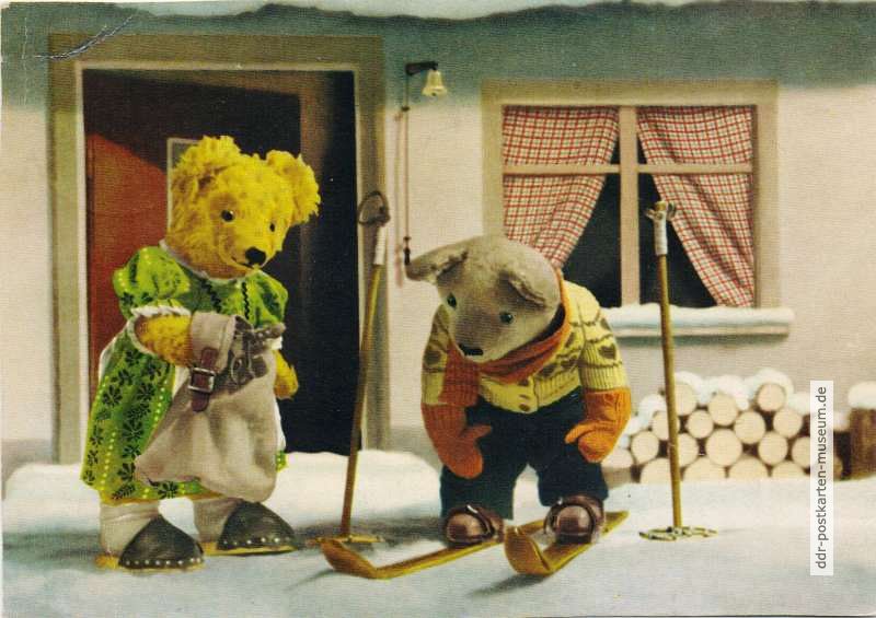 Karte aus Kinderkalender, Teddy macht Ausflug mit Ski - 1957