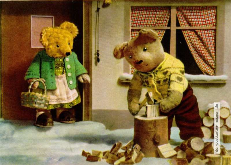 Karte aus Kinderkalender, Teddy hackt Holz - 1957