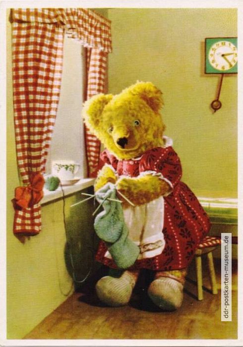 Karte aus Kinderkalender, Teddys Frau Teddine strickt - 1957
