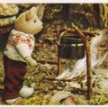 Karte aus Kinderkalender, Teddy am Lagerfeuer - 1957
