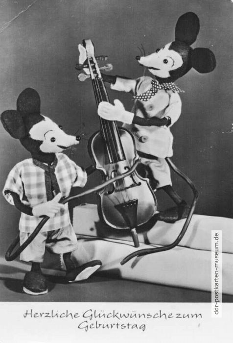Glückwunschkarte zum Geburtstag mit Micky-Maus-Künstlerpuppen von Carl-Meissner - 1971