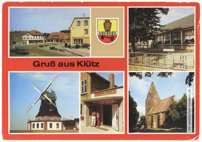 Marktplatz, HOG "Klützer Eck", Windmühle, HOG "Zum Zoll", Kirche - 1990