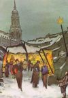 Neujahrsgrußkarte mit Aquarell von Willy Becker "Dresdner Christmarkt" - 1977