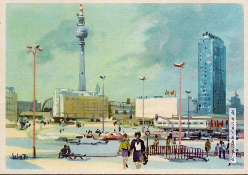 Aquarell "Alexanderplatz mit Fernseh- und UKW-Turm in Berlin" - 1971