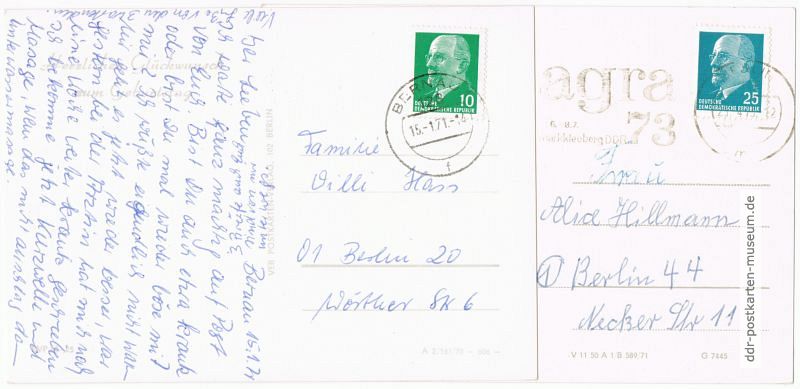 Postkartenporto um 1970 in DDR 10 Pfennig / nach BRD 25 Pfennig