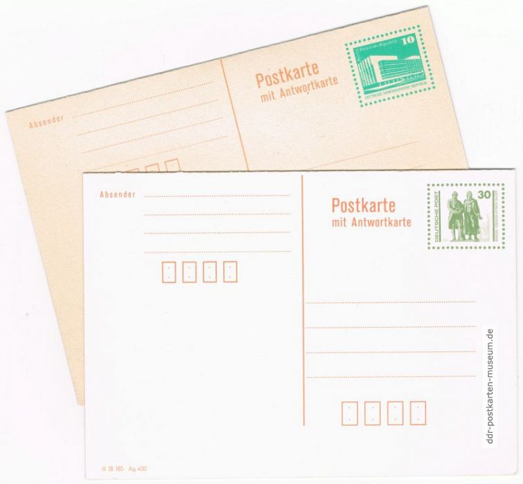 Postkarte mit Antwortkarte bis 1989 10 Pfennig / ab 1.6.1990 30 Pfennig
