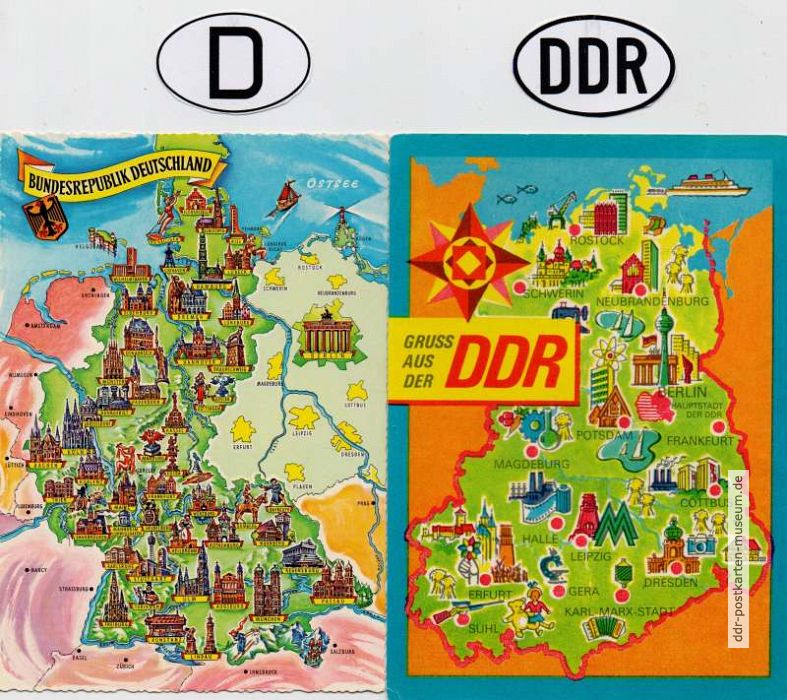 Postkarten mit Landkarten der BRD und DDR - 1965 / 1970