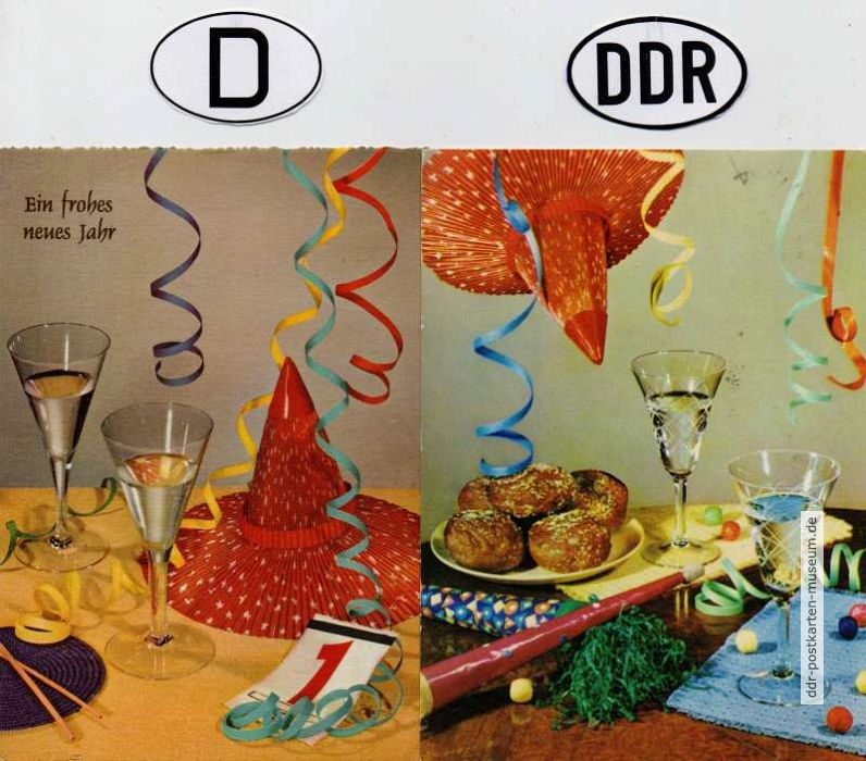 Neujahrsgrußkarten West und Ost mit Silvestermotiv und gleichem Papierhut ! - um 1960