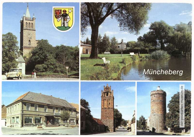 Evangel. Kirche, Am Waschbanksee, Hotel "Stadt Müncheberg", Berliner Tor mit Pulverturm, Storchenturm - 1990