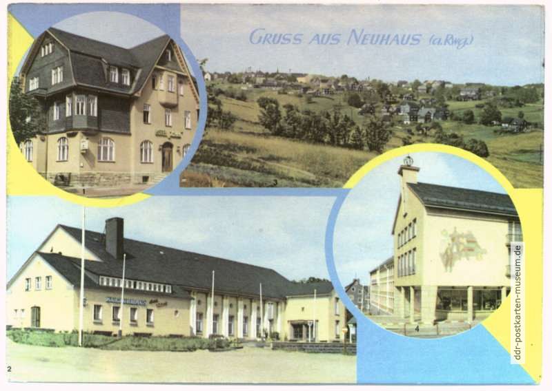 HO-Hotel "Hirsch", Blick auf Neuhaus, Kulturhaus, Kreisratsgebäude - 1963