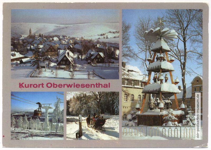 Blick auf Oberwiesenthal, Seilbahn, Weihnachtspyramide - 1988
