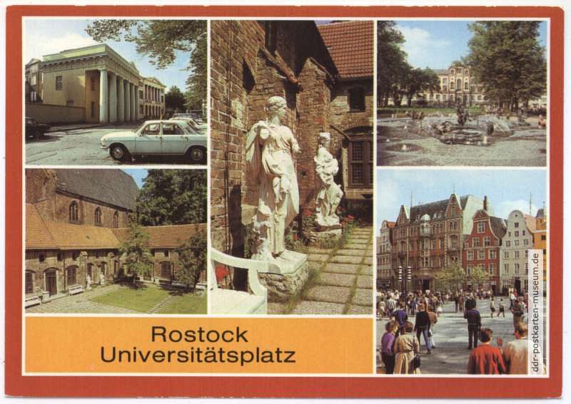 Uni-Platz,, Neue Wache, Gewandfiguren, Brunnen der Lebensfreude - 1985