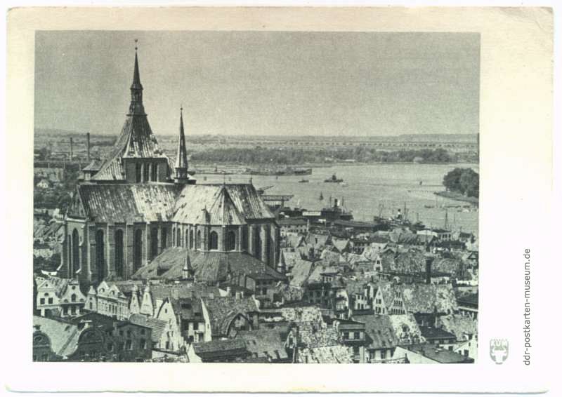 Blick über die Seestadt Rostock, Marienkirche - 1948