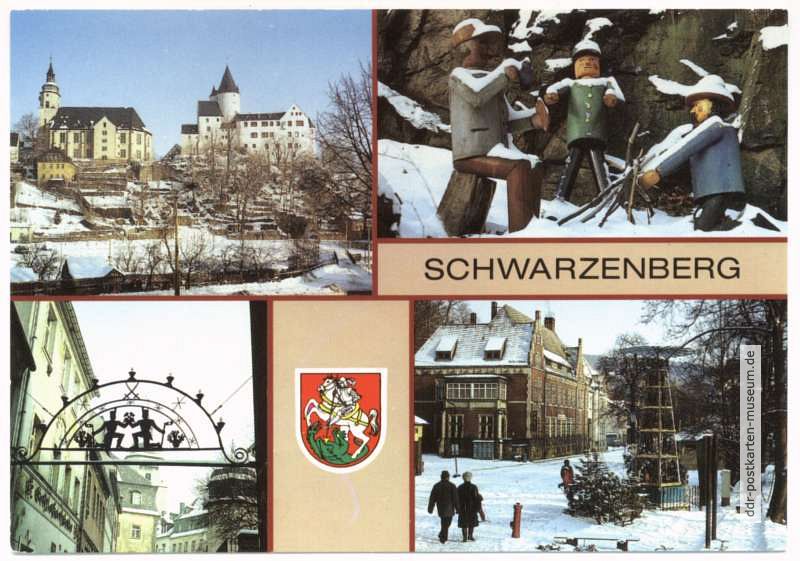 Schloß und Kirche, Holzfigurengruppe, Schwibbogen, Pyramide und Postamt, Bahnhofstraße - 1987