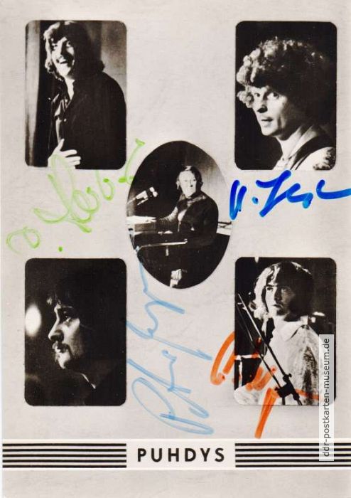 Autogrammpostkarte mit Signets der Puhdys - 1973