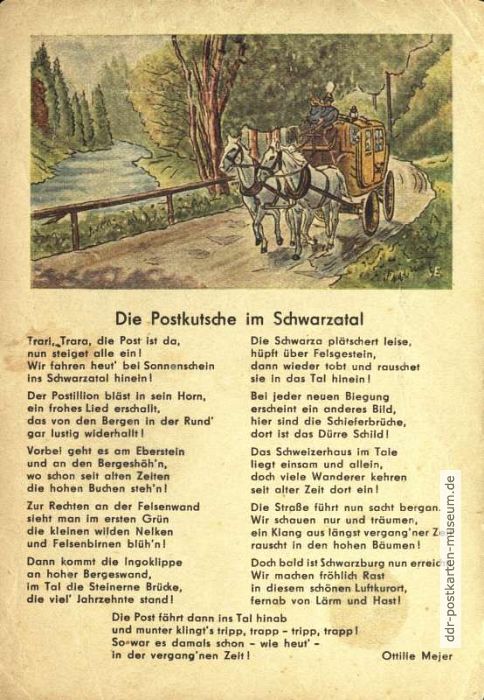 Titel "Die Postkutsche im Schwarzatal" von Ottilie Meier - 1955