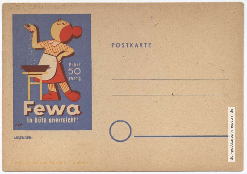 Postkarte mit Werbefeld für "Fewa" (Feinwaschmittel) - 1950