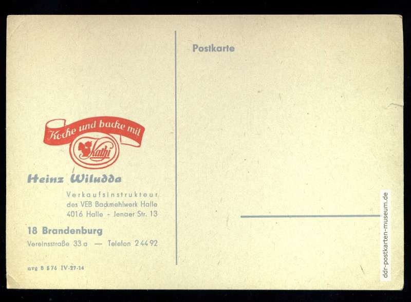 Postkarte mit Werbefeld für "Kathi"-Backzutaten - 1957