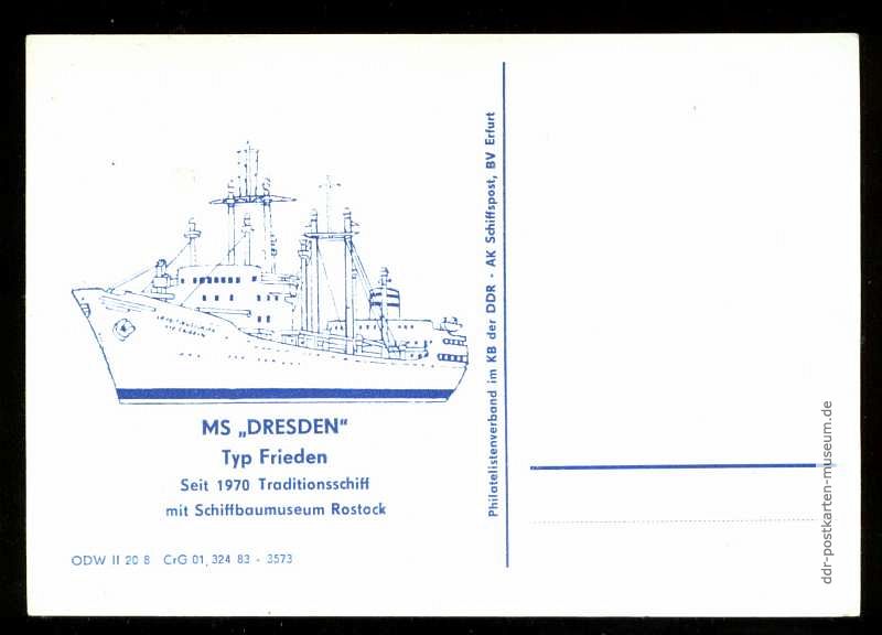 Sonderpostkarte mit MS Dresden, Typ Frieden von 1983