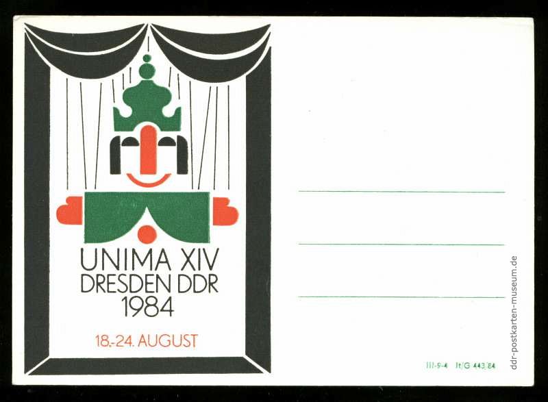 Postkarte mit Werbefeld für Ausstellung "UNIMA XIV" in Dresden - 1984