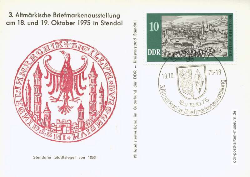 Postkarte mit Werbung für 3. Altmärkische Briefmarkenausstellung in Stendal 1975