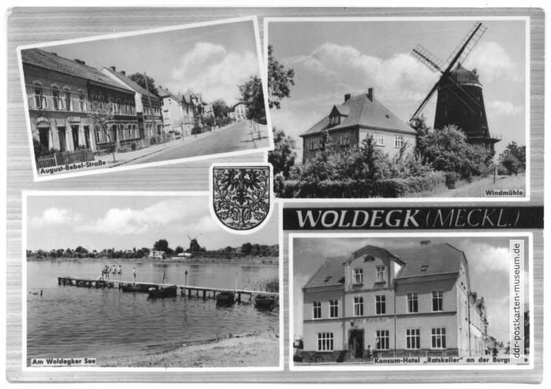 August-Bebel-Straße, Galerie mit Windmühle, Am Woldegker See, Konsum-Hotel - 1966