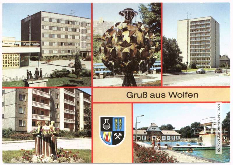 Kaufhalle, Springbrunnen, Hochhaus, Plastik Krondorfer Straße, Freibad - 1988