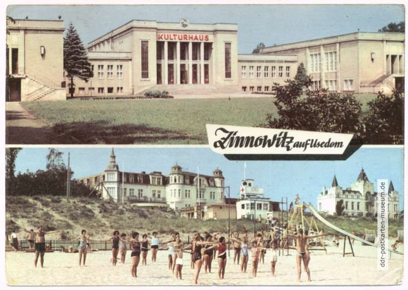 Zinnowitz auf Usedom, Kulturhaus und Gymnastik am Strand - 1968